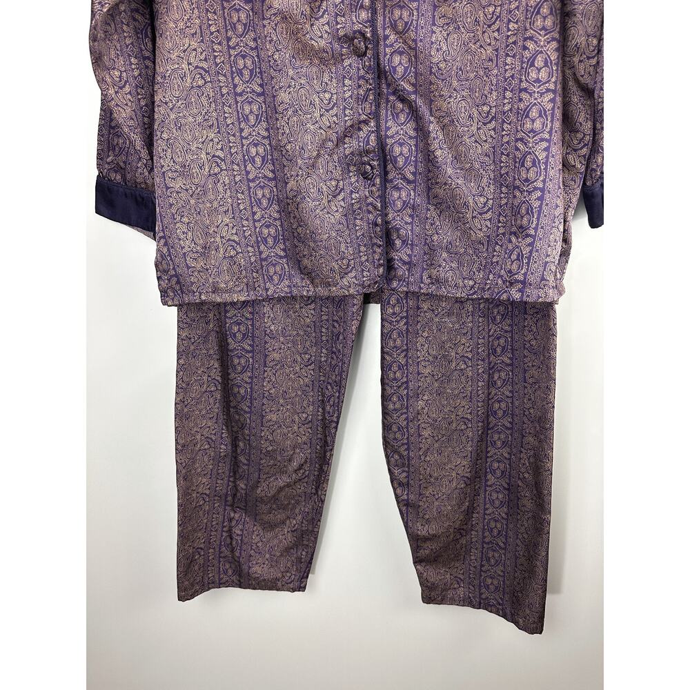 Victoria's Secret Satin-Like Pajama Set Purple Gold Paisley Button Shirt Pants S - Picture 5 of 16